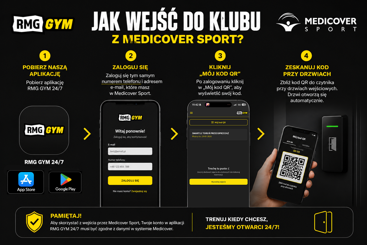 Jak wejść do RMG GYM z kartą Medicover Sport — pobierz aplikację RMG GYM z App Store lub Google Play