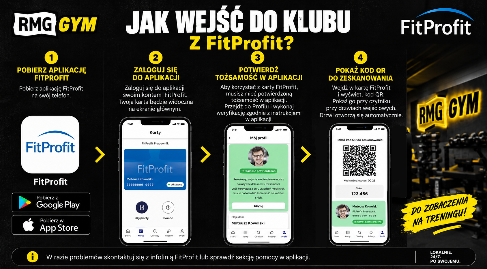 Jak wejść do RMG GYM z kartą FitProfit - pobierz aplikację FitProfit z Google Play lub App Store